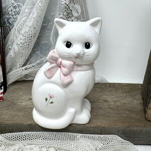 Cute Cat Figurine Mount Clemens Pottery Floral White & Pink Kitten